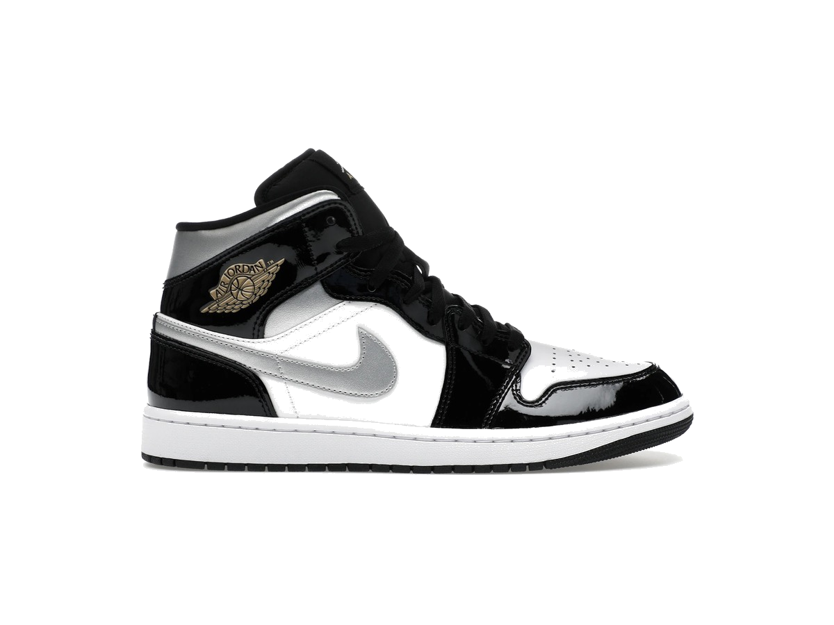 Jordan 1 Mid SE Patent Black White Metallic Silver Metallic Gold